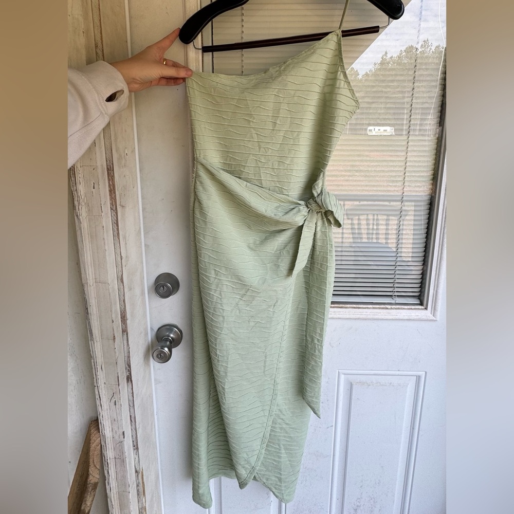 Sage Green Textured Strappy One Shoulder Wrap Midi Dress